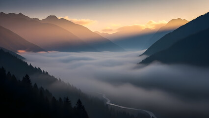 Stunning foggy mountain valley with river flowing through forest at sunset