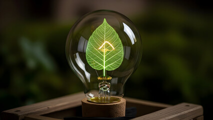 Eco-friendly light bulb with green leaf filament symbolizing sustainable energy innovation