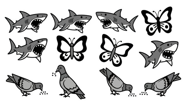 Cartoon sharks butterflies and pigeons illustrations isolated on white
