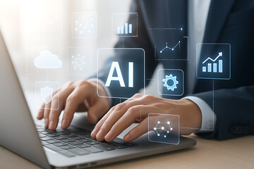 Professional typing on laptop with glowing AI holographic interface showing cloud graphs settings and analytics icons for business technology