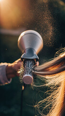 Fototapeta premium Person drying or styling hair outdoors with a hairdryer in natural lighting.