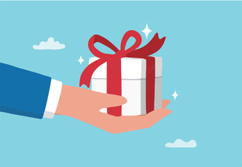 Gift reward program, bonus or surprise present for customer, employee reward or lucky prize, birthday gift box or festive incentive, special loyalty program concept, hand giving gift box with ribbon