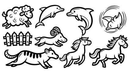 Cartoon animals set in black and white outline for design elements