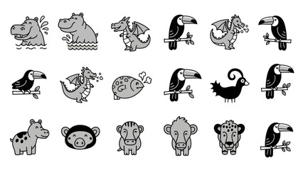 Cartoon animal icons in vector style hippo dragon toucan fish and monkey © jupri