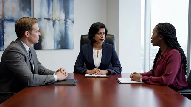 boardroom meeting with asian leader and white man alongside black woman at table, three executives discuss strategy and negotiation, formal suits and paperwork on polished table, confident gestures