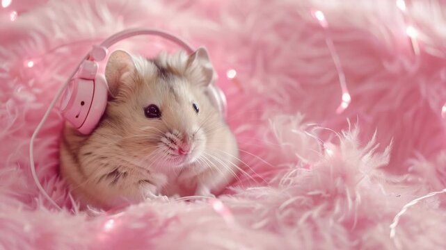 Video A hamster sitting on a pink blanket, wearing headphones