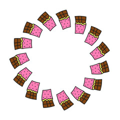 Cute round frame with doodle chocolate bars isolated on white background.