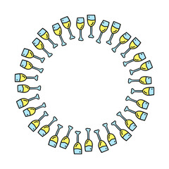 Cute round wreath with doodle alcohol in glass isolated on white background.