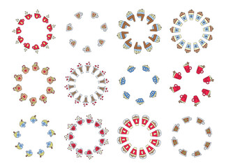 Set of round wreaths with doodle hot winter drinks isolated on white background.