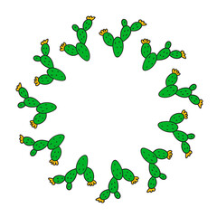 Cute round frame with doodle floral cactuses isolated on white background.