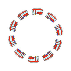 Cute round frame with doodle cable cars isolated on white background.