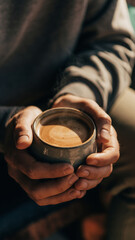 Person holding a cup of coffee in hands, warm and cozy atmosphere.
