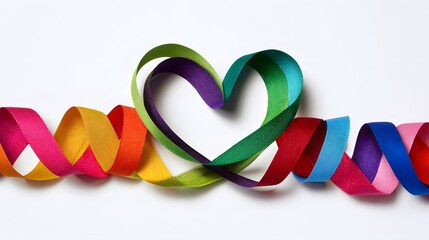 Vibrant Multi-Colored Ribbon Forming a Heart Shape on a White Background. Diversity, Celebration, and Love Concept. LGBTQ pride, global unity, creative design, party planning