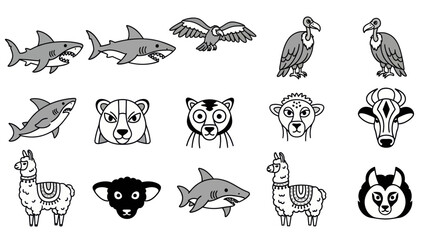 Cartoon animal icons set shark eagle bear llama sheep wolf vector art © jupri