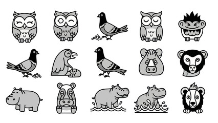 Cartoon animal icons set with owl pigeon monkey hippo and lion variations © jupri