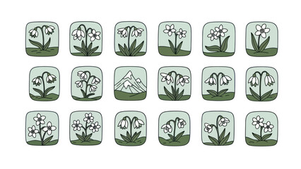 Fototapeta premium Floral illustration set in square frames for design elements and patterns