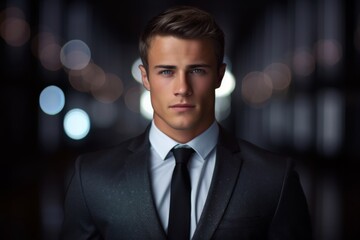 Confident young man in formal attire standing under soft ambient light with blurred background creating a professional atmosphere