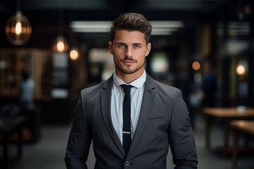 Confident businessman in a tailored suit standing in a modern office environment with a professional demeanor