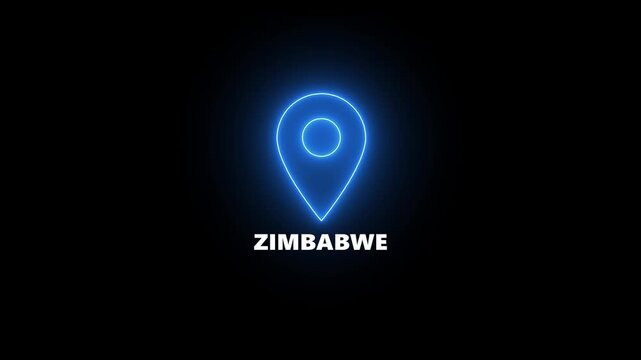 Neon blue location pin icon with the word ZIMBABWE on a black background Zimbabwe map marker