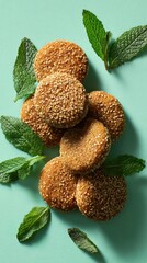 Egyptian Ta'ameya (fava falafel) with sesame seeds on a soft mint green background, minimalist food photo, template for social media, digital ads, web banners, mobile wallpapers, greeting cards
