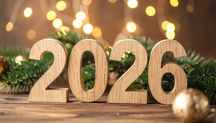 Wooden number 2026 positioned near fir branch, surrounded by sparkling Christmas ornaments