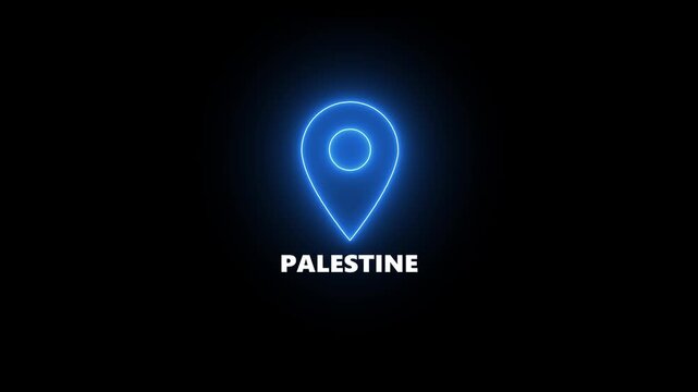 Neon blue location pin icon with the word PALESTINE on a black background Palestine map marker