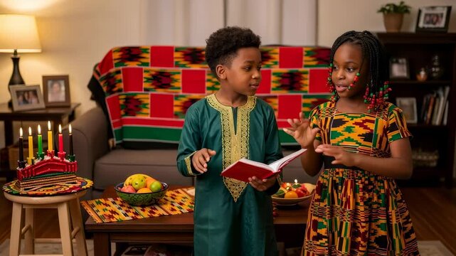 African american boy and girl reading together holding a book at Kwanzaa celebration with kinara and fruits