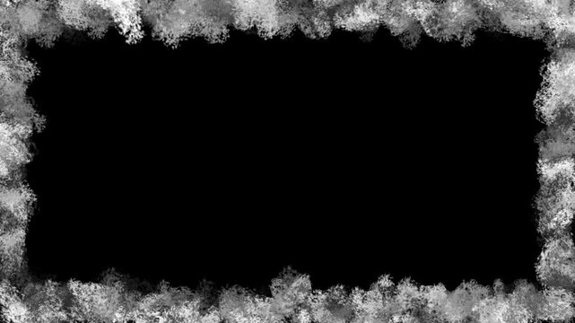 Thick white rectangular frame with rough paint texture on a black background, Stop motion animation of shaking border similar to digital snow or frost