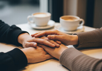 Fototapeta premium Supportive couple holding hands for comfort and empathy at a cafe table with coffee.