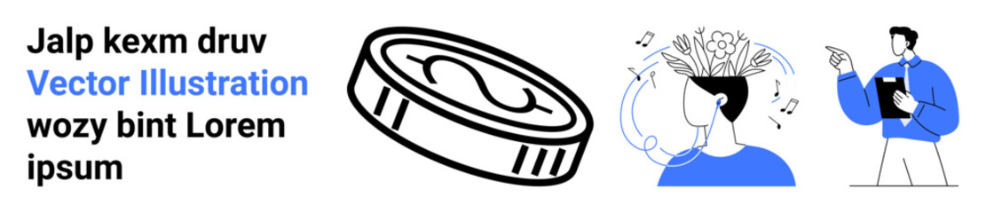 Financial planning, mental health, human behavior, education, decision-making, psychology. A coin, a puzzled person with thoughts and a person pointing at notes. Mental health and financial planning