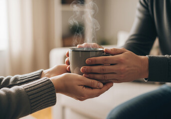 Giving a warm mug of steaming coffee, a gesture of kindness, support, and empathy in a cozy home.