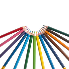 A vibrant spectrum of colored pencils arranged in a fan shape against a black background