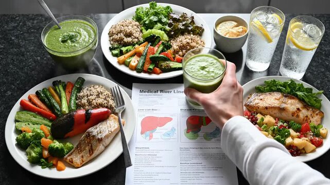balanced plates and green smoothies on table with nutrition plan, clinician hand pointing to diet chart while holding smoothie, bowls of grilled chicken, quinoa and steamed vegetables, lemon water