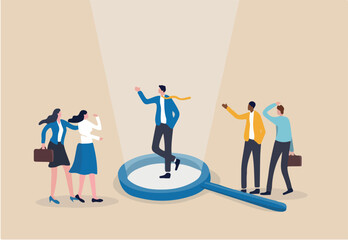 Chosen candidate, winning applicant to get new job, HR or human resources, hire outstanding candidate, employment and recruitment concept, outstanding businessman on magnifying glass among applicants