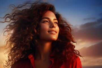 Woman with beautiful curly hair enjoying sunset view with a serene expression and warm glow on her face