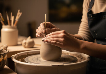 Close-up of artisan hands shaping clay on a pottery wheel in a creative workshop.