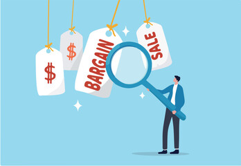 Bargain sale event, finding discount retail price, coupon or promotion offer, price advantage for customer, consumer, special price marketing concept, young man finding special bargain sale price tag