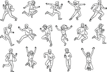Collection of handdrawn line art illustrations of people running, jumping, and expressing movement
