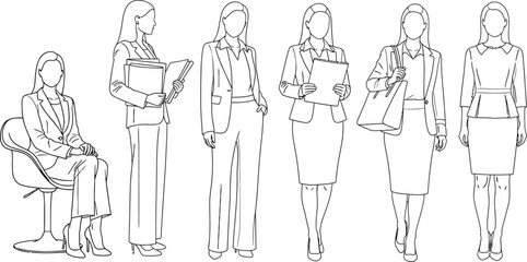 Collection of six business women in various poses, professional attire, line art drawing