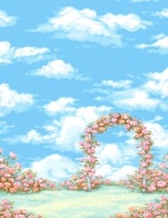 Obraz premium Rose archway under a light blue sky.