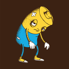 Hand drawn dot work vector illustration. Cute cartoon character. Low and exhausted battery in yellow and blue colors of Ukraine flag on brown background. Concept of low power, energy shortage, relax