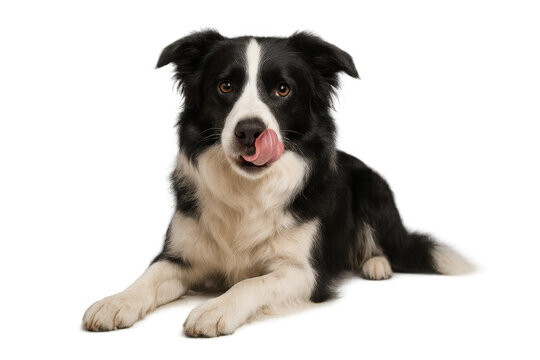 Border collie dog lying down and licking its nose, looking directly at the camera, transparent background