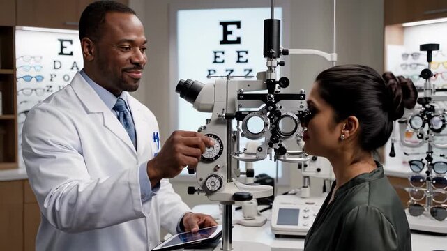 black doctor examining asian patient phoropter, modern optometry clinic setting, snellen chart on wall, diagnostic instruments arranged on counter, doctor adjusting lens while smiling, patient seated