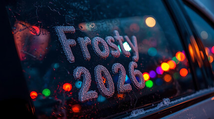 Frosty "2026" on Dark Car Window with Bokeh Lights