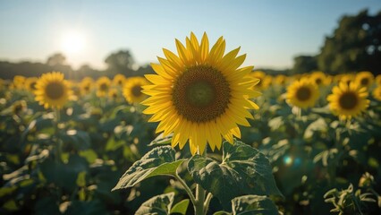 Fototapeta premium Sunflower field at sunset with bright yellow flowers and green leaves. Agricultural landscape during late afternoon or early evening.