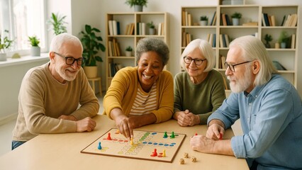 Group of cheerful seniors playing a colorful board game together in a bright living room, sharing laughter and friendship.