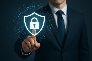 Businessman touching glowing shield lock icon symbolizing cybersecurity protection secure digital safety system and advanced data privacy in online environment