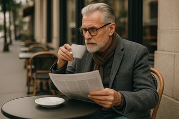 Elderly man drinking coffee and reading a newspaper at outdoor cafe table on a city street. Morning routine, calm lifestyle.
