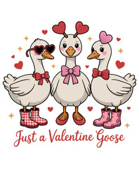 A cute cartoon illustration of three white geese
wearing Valentine's Day accessories