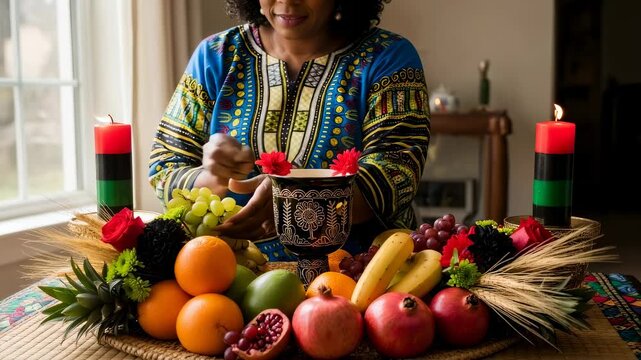 African American woman arranging fruit, flowers, and wheat stalks around a unity cup and lit candles for a Kwanzaa celebration.